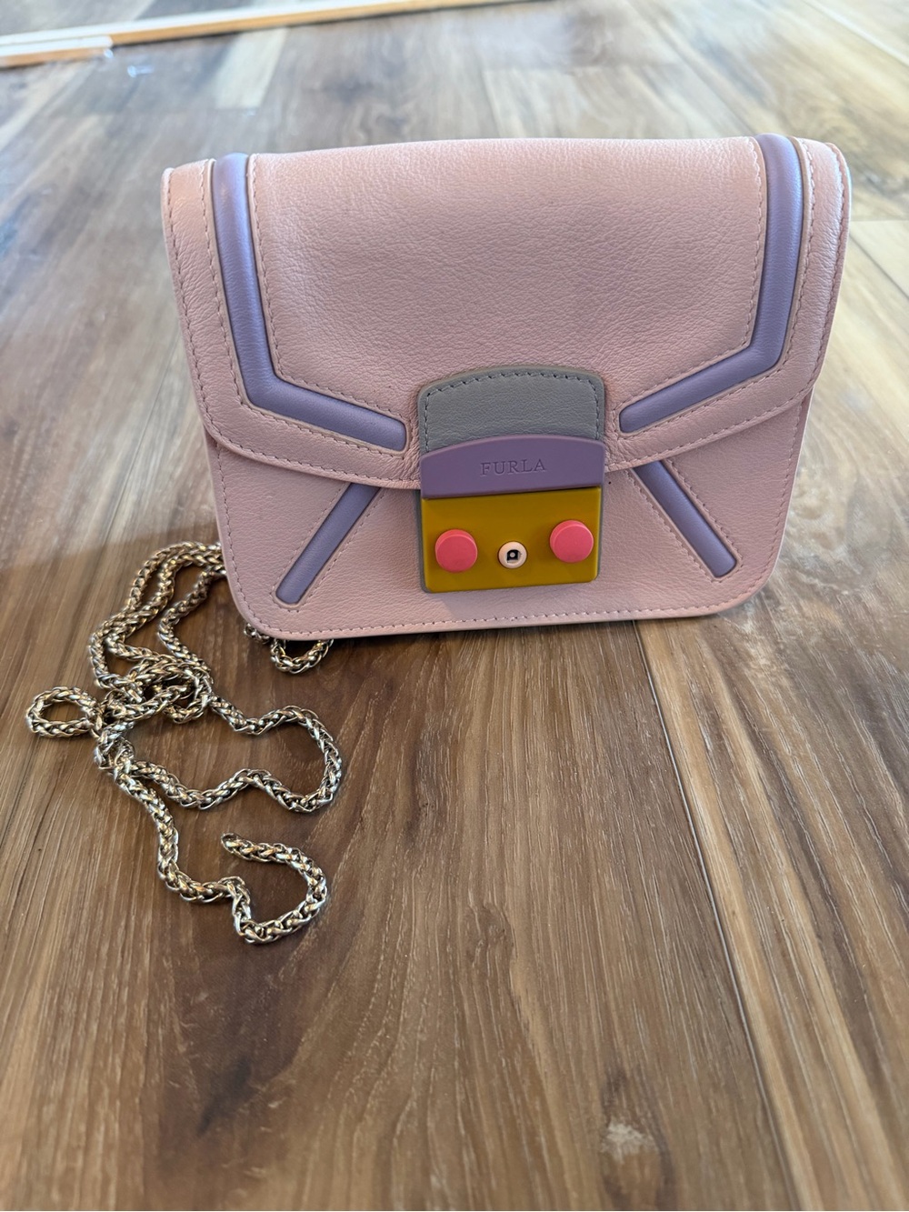Furla Pastel Pink Leather Crossbody with Multicolor Accent Lock